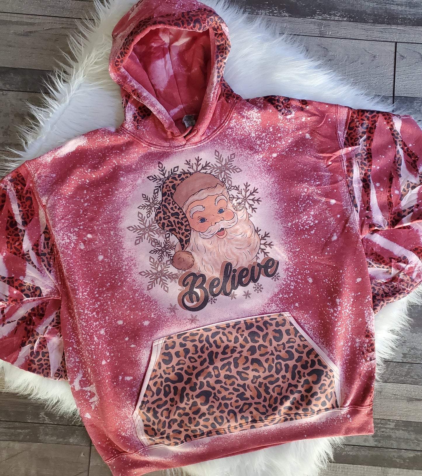 Santa Believe Leopard Hoodie Bleached Hoodie