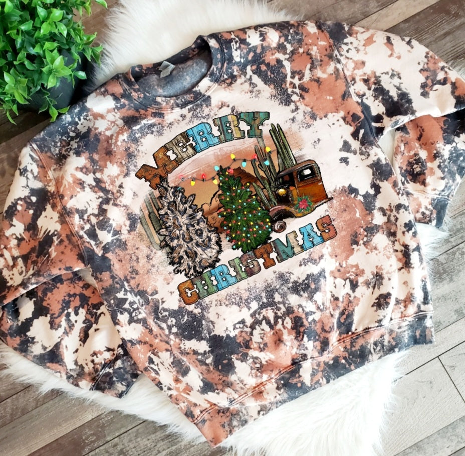 Western Merry Christmas Cowhide Bleached Crewneck