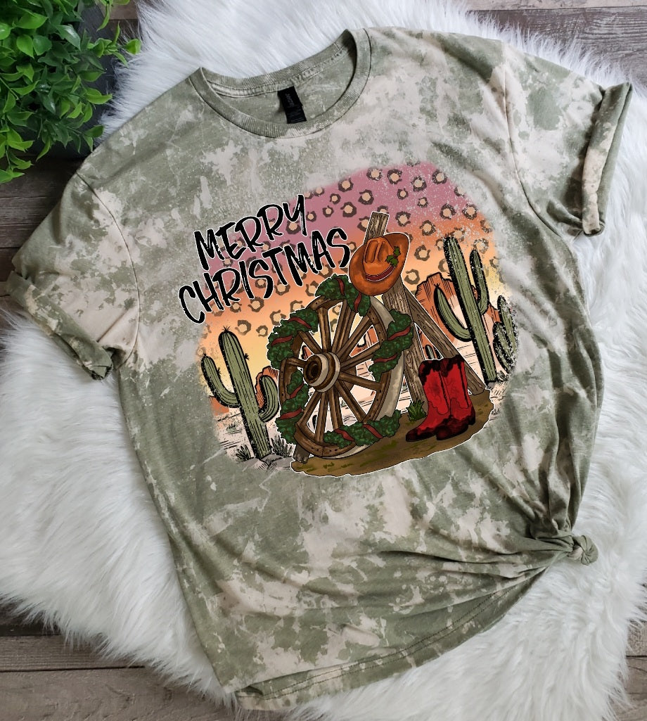Western Merry Christmas Bleached Tee