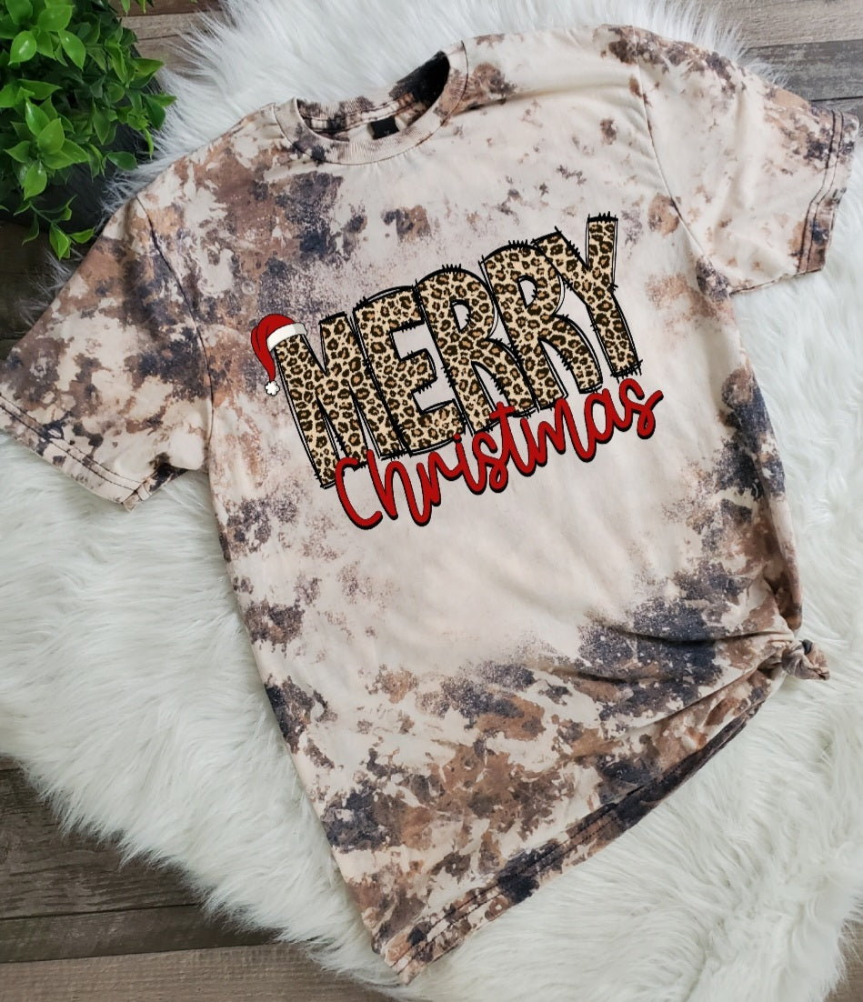 Merry Christmas Leopard Bleached Tee