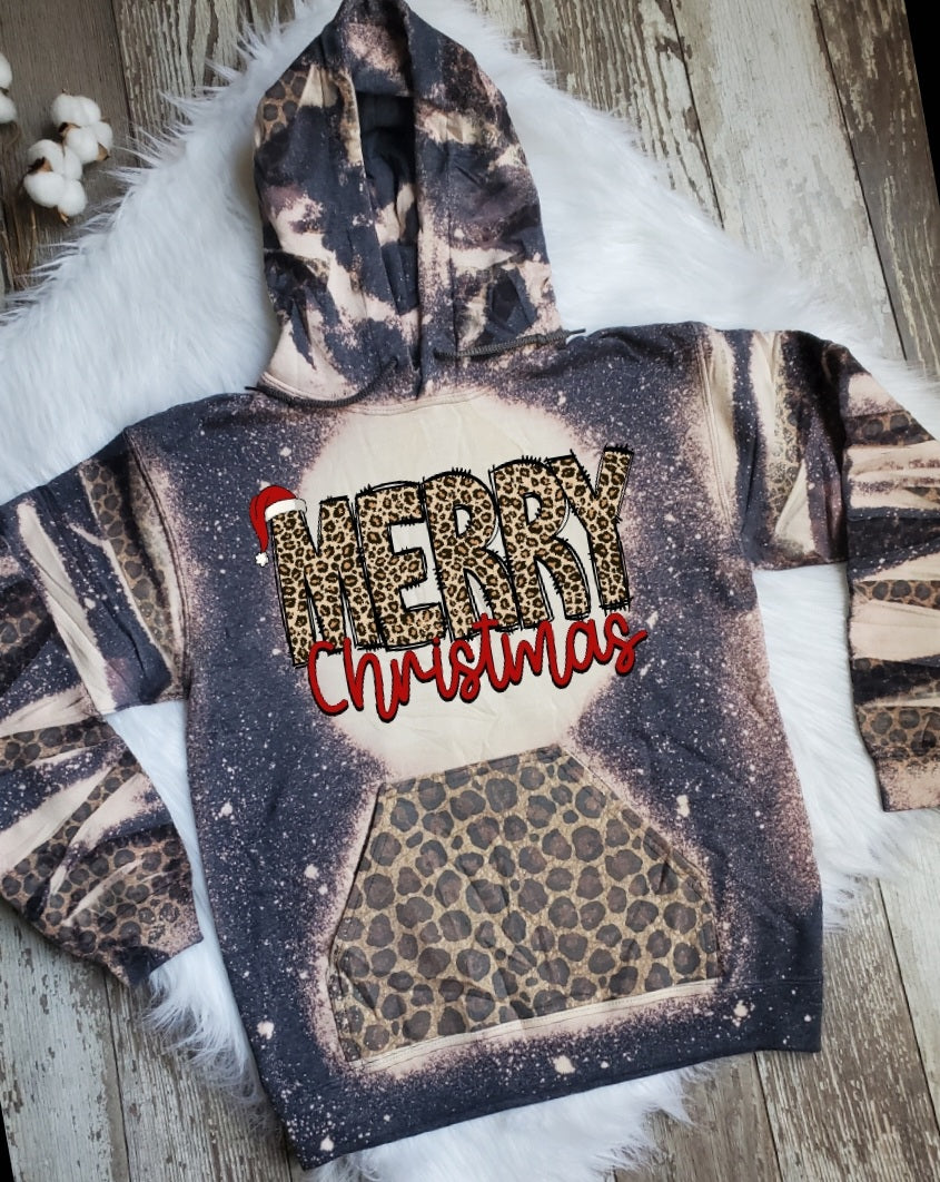 Merry Christmas Leopard Hoodie Bleached Hoodie