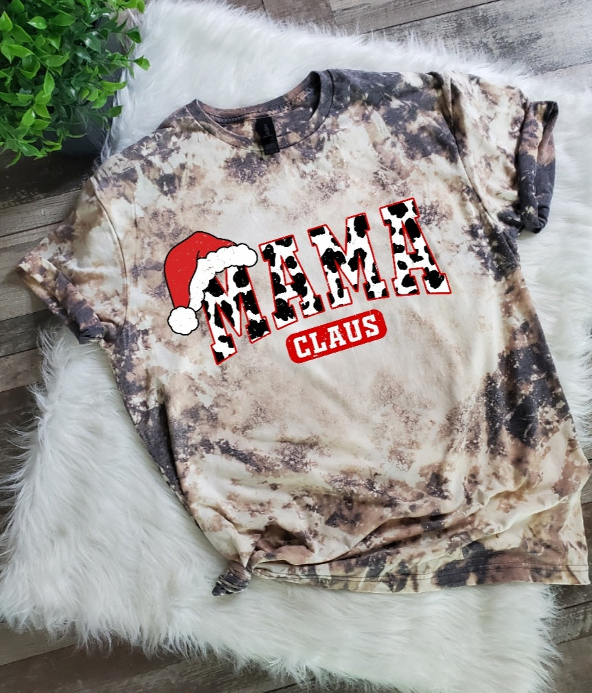 Mama Claus Cow Print Bleached Tee