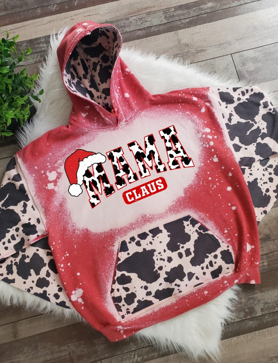 Mama Claus Cow Print Bleached Hoodie