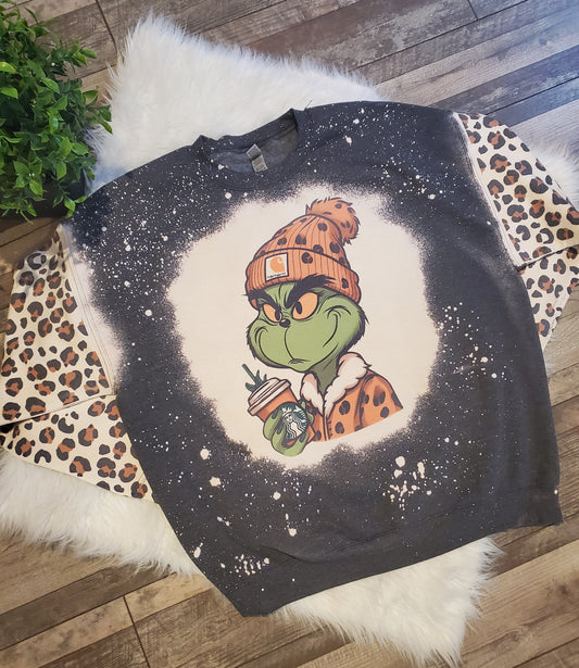 Grinch Leopard Coffee Bleached Sweatshirt
