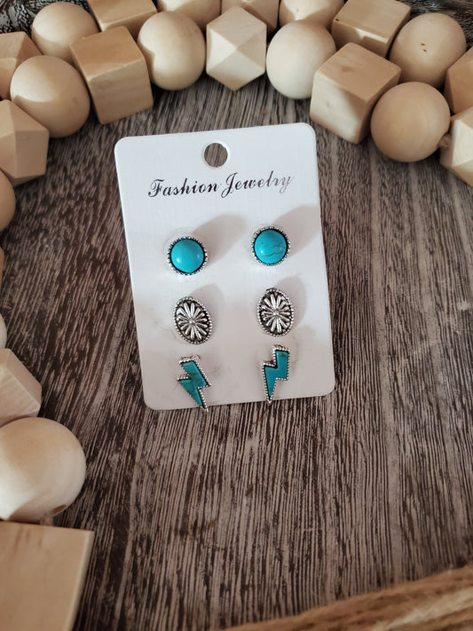 Turquoise & Silver Set Of 3 Lighting Bolt Earrings