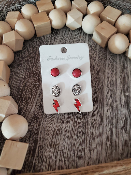 Red & Silver Set Of 3 Lighting Bolt Earrings