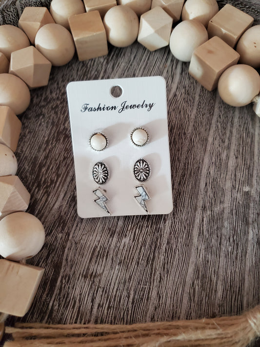White & Silver Set Of 3 Lighting Bolt Earrings