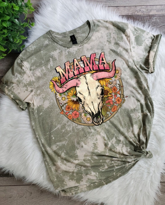 Western Cow Skull Mama Bleached Tee