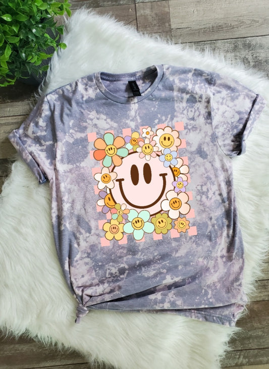 Smiley Colorful Floral Bleached Tee